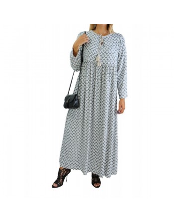 Robe longue viscose fluide et ample avec imprimé Bleu - Couleur Blanc cassé 