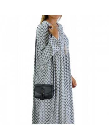 Robe longue viscose fluide et ample avec imprimé Bleu - Couleur Blanc cassé 