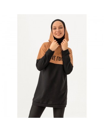 Tunique avec capuche pour femme (Sweat-shirt moderne avec inscription Love) - Couleur noir et biscuit 