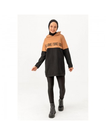 Tunique avec capuche pour femme (Sweat-shirt moderne avec inscription Love) - Couleur noir et biscuit 