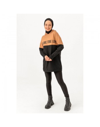 Tunique avec capuche pour femme (Sweat-shirt moderne avec inscription Love) - Couleur noir et biscuit 