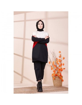 Tunique originale pour femme - Sweat-shirt tricolore - Couleur blanc noir et bordeaux 