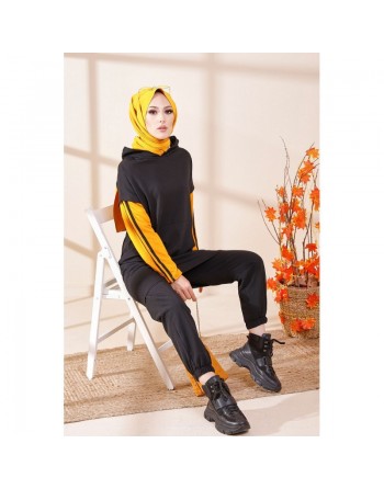 Tunique bicolore avec capuche pour femme (Tenue Hijab moderne et Sport) - Couleur noir et jaune moutarde 