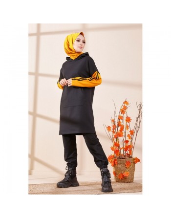 Tunique bicolore avec capuche pour femme (Tenue Hijab moderne et Sport) - Couleur noir et jaune moutarde 