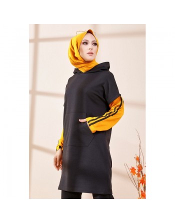 Tunique bicolore avec capuche pour femme (Tenue Hijab moderne et Sport) - Couleur noir et jaune moutarde 