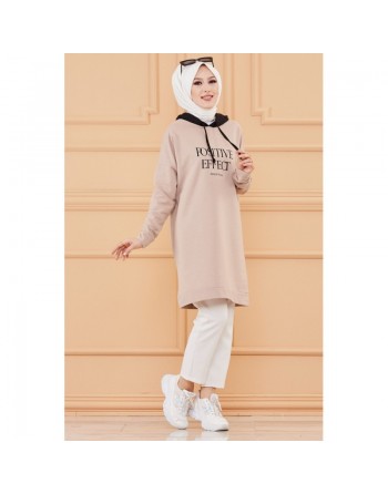 Tunique type sweat-shirt à capuche pur femme (Tenue Hijab décontracté et moderne) - Couleur beige 