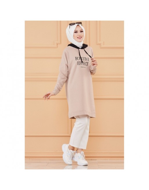 Tunique type sweat-shirt à capuche pur femme (Tenue Hijab décontracté et moderne) - Couleur beige Tunique type sweat-shirt à capuche pur femme (Tenue Hijab décontracté et moderne) - Couleur beige