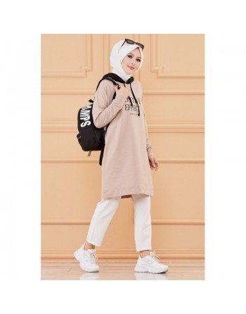 Tunique type sweat-shirt à capuche pur femme (Tenue Hijab décontracté et moderne) - Couleur beige 