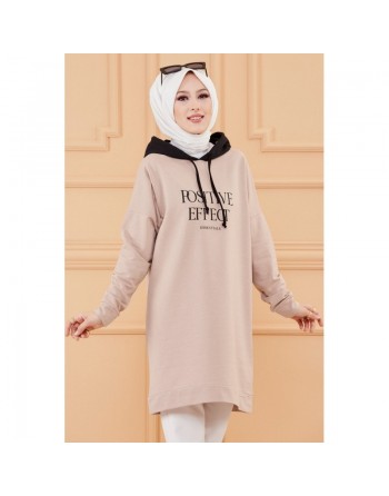 Tunique type sweat-shirt à capuche pur femme (Tenue Hijab décontracté et moderne) - Couleur beige 