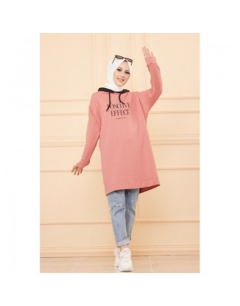 Tunique type sweat-shirt à capuche (Vêtement sport et tendance pour hijab) - Couleur vieux rose 