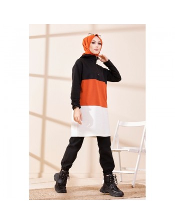 Tunique à capuche tricolore (Vêtement décontracté moderne pour femme voilée) - Couleur noir, blanc et rouille 