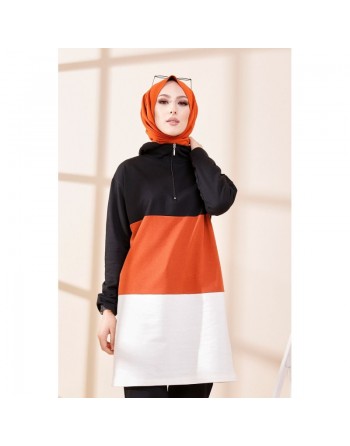 Tunique à capuche tricolore (Vêtement décontracté moderne pour femme voilée) - Couleur noir, blanc et rouille 