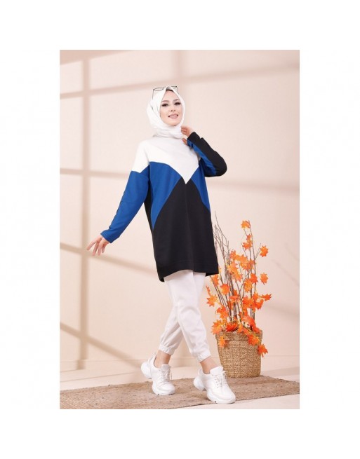 Tunique originale pour femme - Sweat-shirt tricolore - Couleur blanc noir et Bleu roi Tunique originale pour femme - Sweat-shirt tricolore - Couleur blanc noir et Bleu roi