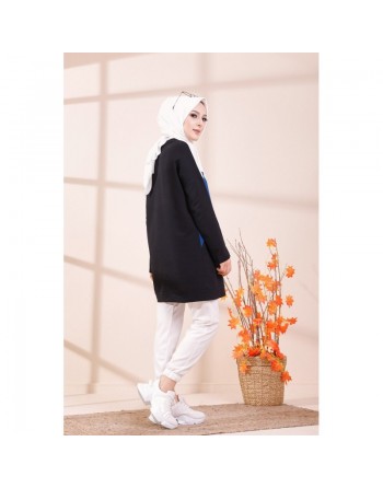 Tunique originale pour femme - Sweat-shirt tricolore - Couleur blanc noir et Bleu roi 