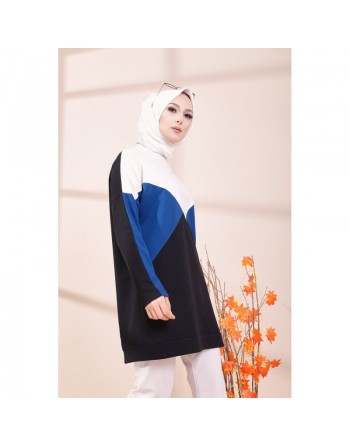 Tunique originale pour femme - Sweat-shirt tricolore - Couleur blanc noir et Bleu roi 