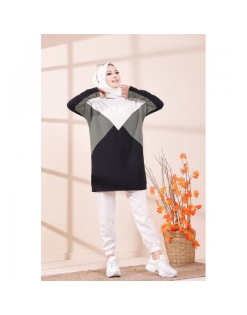 Tunique originale pour femme - Sweat-shirt tricolore - Couleur blanc noir et Kaki 