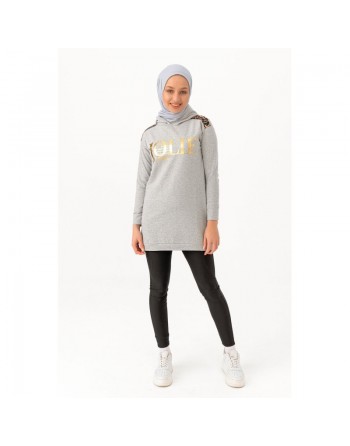 Tunique décontractée ample pour femme type sweat-shirt avec capuche et imprimé doré - Couleur gris clair 