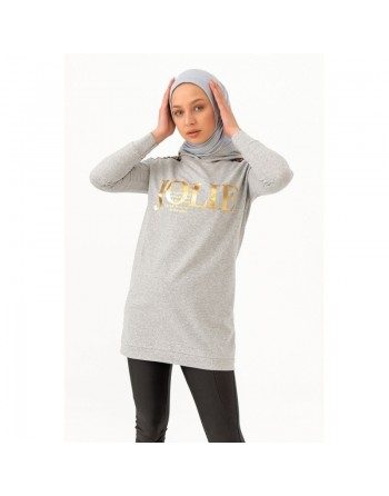 Tunique décontractée ample pour femme type sweat-shirt avec capuche et imprimé doré - Couleur gris clair 