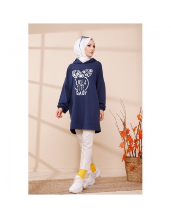 Tunique avec capuche imprimé "Like a cute baby" (Tenue Moderne Hijab) - Couleur bleu marine 