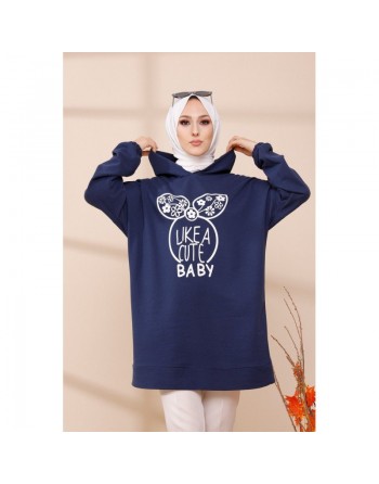 Tunique avec capuche imprimé "Like a cute baby" (Tenue Moderne Hijab) - Couleur bleu marine 