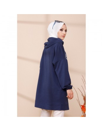 Tunique avec capuche imprimé "Like a cute baby" (Tenue Moderne Hijab) - Couleur bleu marine 