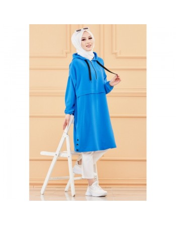 Tunique ample style sweater avec capuche (Tenue femme moderne et sport pour hijab) - Couleur bleu 