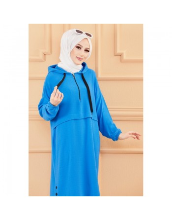 Tunique ample style sweater avec capuche (Tenue femme moderne et sport pour hijab) - Couleur bleu 