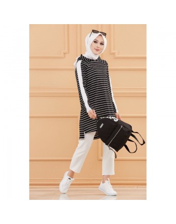 Tunique pour femme (Vêtement Hijab Style Sport et Décontracté) - Rayures de couleur noir 