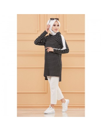Tunique pour femme (Vêtement Hijab Style Sport et Décontracté) - Rayures de couleur noir 