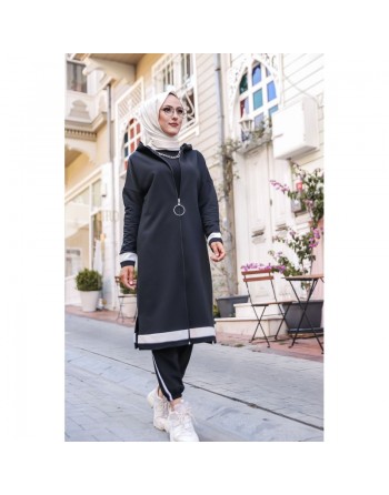 Cardigan style décontracté et sport zippé à capuche pour femme (Vêtement islamique moderne - France) - Couleur noir 