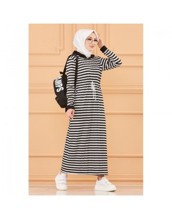 Robe à capuche et lien de serrage (Vêtement moderne pour Hijab) - Couleur rayures noires 