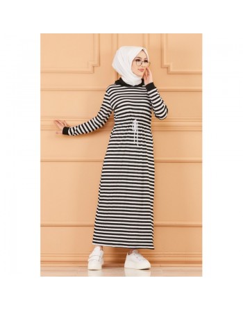 Robe à capuche et lien de serrage (Vêtement moderne pour Hijab) - Couleur rayures noires 