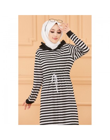 Robe à capuche et lien de serrage (Vêtement moderne pour Hijab) - Couleur rayures noires 