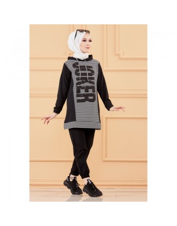 Tunique à capuche imprimée Joker (Mode femme voilée) - Sweater long à capuche - Couleur noir 