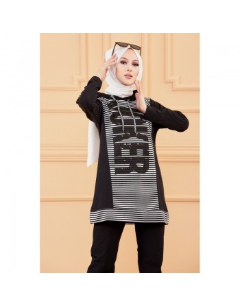 Tunique à capuche imprimée Joker (Mode femme voilée) - Sweater long à capuche - Couleur noir 