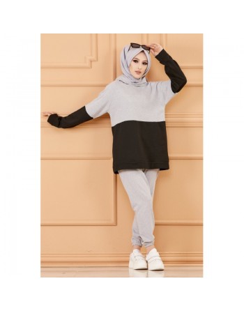 Ensemble bicolore pour femme : Tunique à capuche et pantalon assorti (Tenue décontractée et sport pour hijab) - Couleur... 