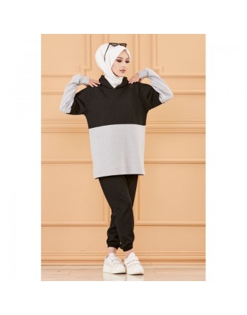 Ensemble bicolore pour femme : Tunique à capuche et pantalon assorti (Tenue décontractée et sport pour hijab) - Couleur... 
