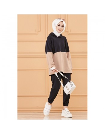Ensemble bicolore pour femme : Sweat-shirt à capuche et pantalon assorti (Tenue décontractée et sport pour hijab) -... 