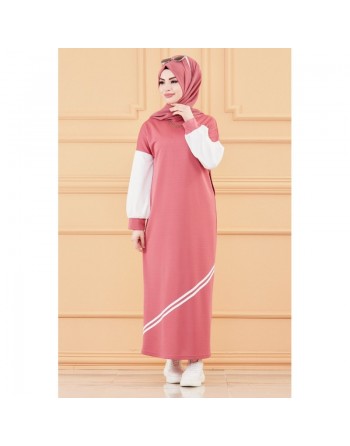 Robe moderne style décontracté (Vêtements modernes pour femmes musulmanes) - Couleur rose et blanc 