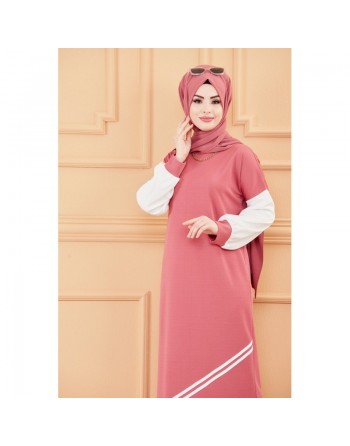 Robe moderne style décontracté (Vêtements modernes pour femmes musulmanes) - Couleur rose et blanc 