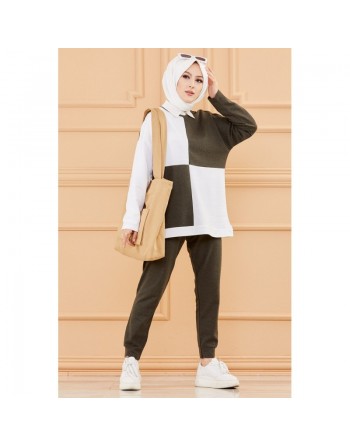 Ensemble femme bicolore (Tenue hijab décontracté et sport - Collection 2024) - Couleur blanc et kaki 