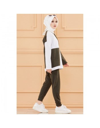 Ensemble femme bicolore (Tenue hijab décontracté et sport - Collection 2024) - Couleur blanc et kaki 