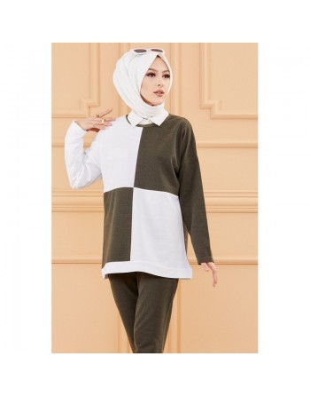 Ensemble femme bicolore (Tenue hijab décontracté et sport - Collection 2024) - Couleur blanc et kaki 