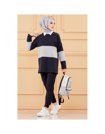 Ensemble décontracté pour femme (Hijab sport) - Couleur bleu marine et gris 