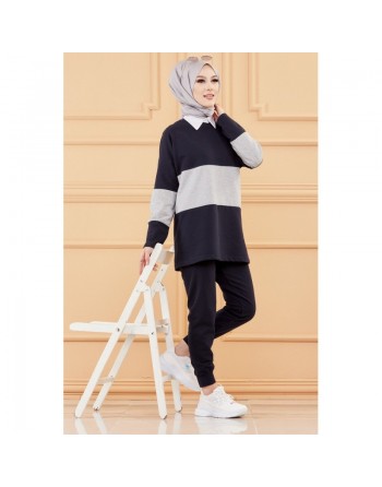 Ensemble décontracté pour femme (Hijab sport) - Couleur bleu marine et gris 