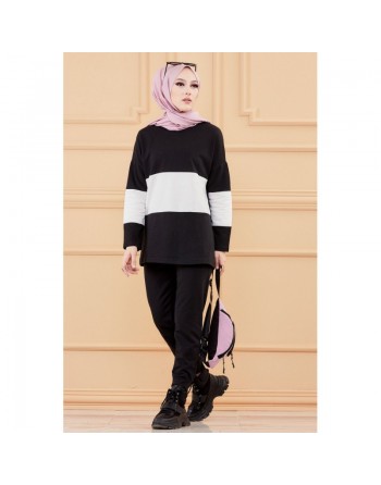 Ensemble décontracté pour femme (Hijab moderne et sport) - Couleur noir et blanc 