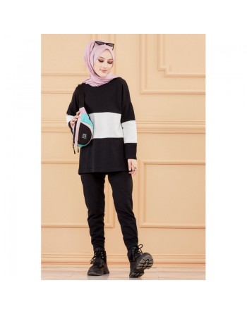 Ensemble décontracté pour femme (Hijab moderne et sport) - Couleur noir et blanc 