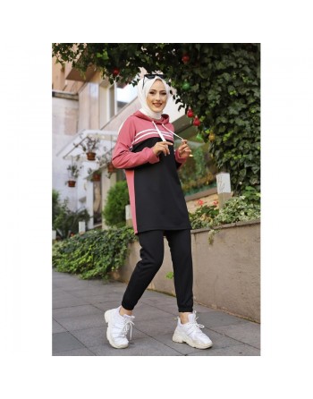 Survêtement femme (Tenue Décontractée et Sport pour Hijab) - Couleur noir et rose 