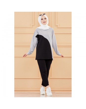 Ensemble moderne bicolore pour femme (Vêtement hijab style sport) - Couleur noir et gris 