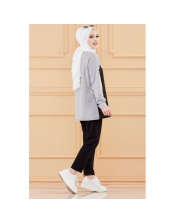 Ensemble moderne bicolore pour femme (Vêtement hijab style sport) - Couleur noir et gris 